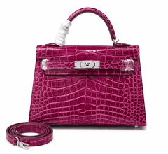 Kelly Sellier 19cm Fuchsia Shiny Crocodile Leather Gold Hardware & Palladium Hardware Women Handbag