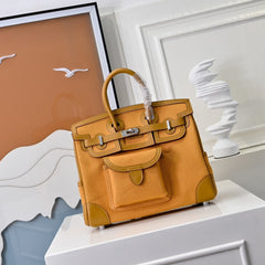 Birkin Cargo 25 Amber Yellow Swift Leather and Canvas Splicing Bag