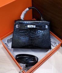 Kelly Sellier 22cm Noir Shiny Crocodile Leather Gold Hardware & Palladium Hardware Women Handbag