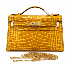 Kelly Pochette Jaune Ambre Shiny Niloticus Crocodile Leather Palladium Hardware Women Clutch Bag