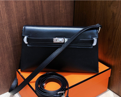 Kelly Elan 25 Underarm Baguette Bag, Genuine Top Layer Cowhide Goat Grain Leather, Silver Hardware Black Unisex Shoulder Purse, Multiway Crossbody Handheld Daily Bag, High Practical Daily Bag Size 25×6.5×15cm