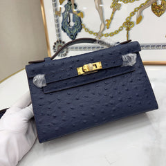 Mini Kelly Sellier 22cm Bleu Nuit Ostrich Leather Gold Hardware Women Mini Handbag