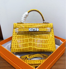 Kelly Sellier 19cm Jaune Ambre Shiny Crocodile Leather Gold Hardware & Palladium Hardware Women Handbag