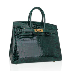 Birkin 25 Bag Sellier Vert Fonce Porosus Crocodile Bag with Gold Hardware