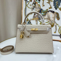 Kelly Sellier 25cm Craie Ostrich Gold Hardware Premium Women Shoulder Purse