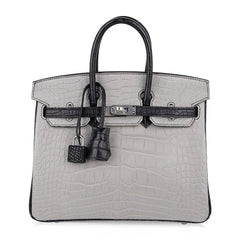 Birkin 25 HSS Bag Gris Perle / Black Matte Alligator Palladium Hardware