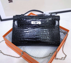 Kelly Pochette Noir Shiny Niloticus Crocodile Leather Palladium Hardware & Palladium Hardware Women Clutch Bag
