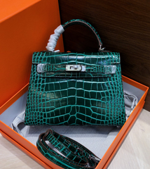 Kelly Sellier 22cm Vert Emeraude Shiny Crocodile Leather Gold Hardware & Palladium Hardware Women Handbag
