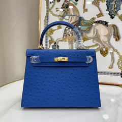 Kelly Sellier 25cm Bleu Electrique Ostrich Gold Hardware Premium Crossbody Purse