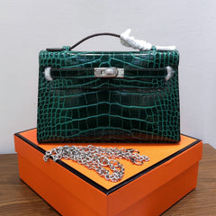 Kelly Pochette Vert Emeraude Shiny Niloticus Crocodile Leather Palladium Hardware Women Clutch Bag