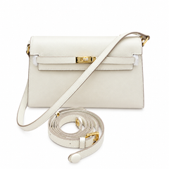 Kelly Elan 25 Underarm Baguette Bag, Genuine Top Layer Cowhide with Goat Grain, Gold Hardware Minimalist Off White Shoulder Handbag, Size 25×6.5×15cm Elegant Soft Tone Daily Purse for Women