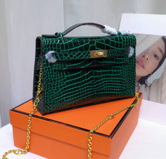 Kelly Pochette Vert Emeraude Shiny Niloticus Crocodile Leather Gold Hardware Women Clutch Bag