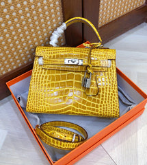 Kelly Sellier 22cm Jaune Ambre Shiny Crocodile Leather Gold Hardware & Palladium Hardware Women Handbag