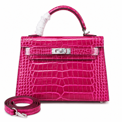 Kelly Sellier 22cm Fuchsia Shiny Crocodile Leather Gold Hardware & Palladium Hardware Women Handbag