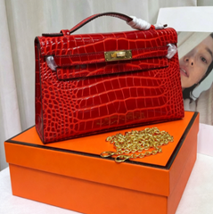 Kelly Pochette Rouge Casa Shiny Niloticus Crocodile Leather Gold Hardware Women Clutch Bag