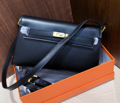 Kelly Elan 25 Underarm Baguette Bag, Genuine Top Layer Cowhide with Glossy Goat Grain, Gold Hardware Black Shoulder Handbag, Spacious Capacity Casual Versatile Daily Purse Size 25×6.5×15cm