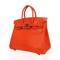 Birkin 25 Bag Orange Tangerine Lizard with Ruthenium Hardware