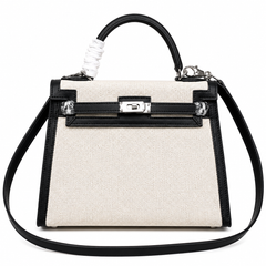 Top Selling Kelly 25 Bag With Outside Stitching, Made Of Textured Canvas & Soft Swift Leather Patchwork, Classic Black Silver Hardware Combination, Stunning Mixed Material Texture Dimensions: Length 25 * Width 10 * Height 18cm