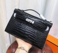 Kelly Pochette Noir Shiny Niloticus Crocodile Leather Palladium Hardware & Palladium Hardware Women Clutch Bag