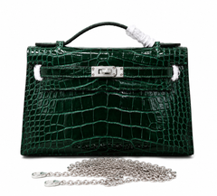 Kelly Pochette Vert Emeraude Shiny Niloticus Crocodile Leather Palladium Hardware Women Clutch Bag