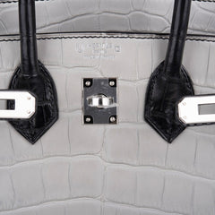 Birkin 25 HSS Bag Gris Perle / Black Matte Alligator Palladium Hardware