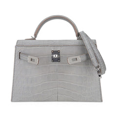 Limited Edition Mini Kelly 20 Sellier Matte Gris Perle Alligator Bag Palladium Hardware