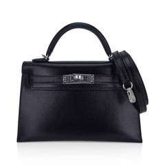 Kelly 20 Sellier Black Box Leather Mini Bag Palladium Hardware