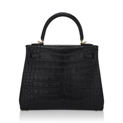 Kelly 25 Retourne Bag Black Matte Alligator with Gold Hardware