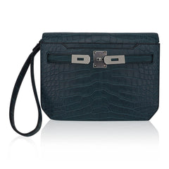 Kelly Depeches 25 Pouch Vert Rousseau Matte Alligator Palladium Hardware