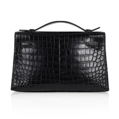 Kelly Pochette Bag Matte Black Crocodile Clutch Palladium