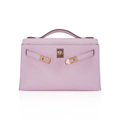 Kelly Pochette Clutch Bag Mauve Sylvestre Swift Leather with Rose Gold Hardware