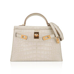 Limited Edition Mini Kelly 20 Sellier Beton Matte Alligator Bag with Gold Hardware