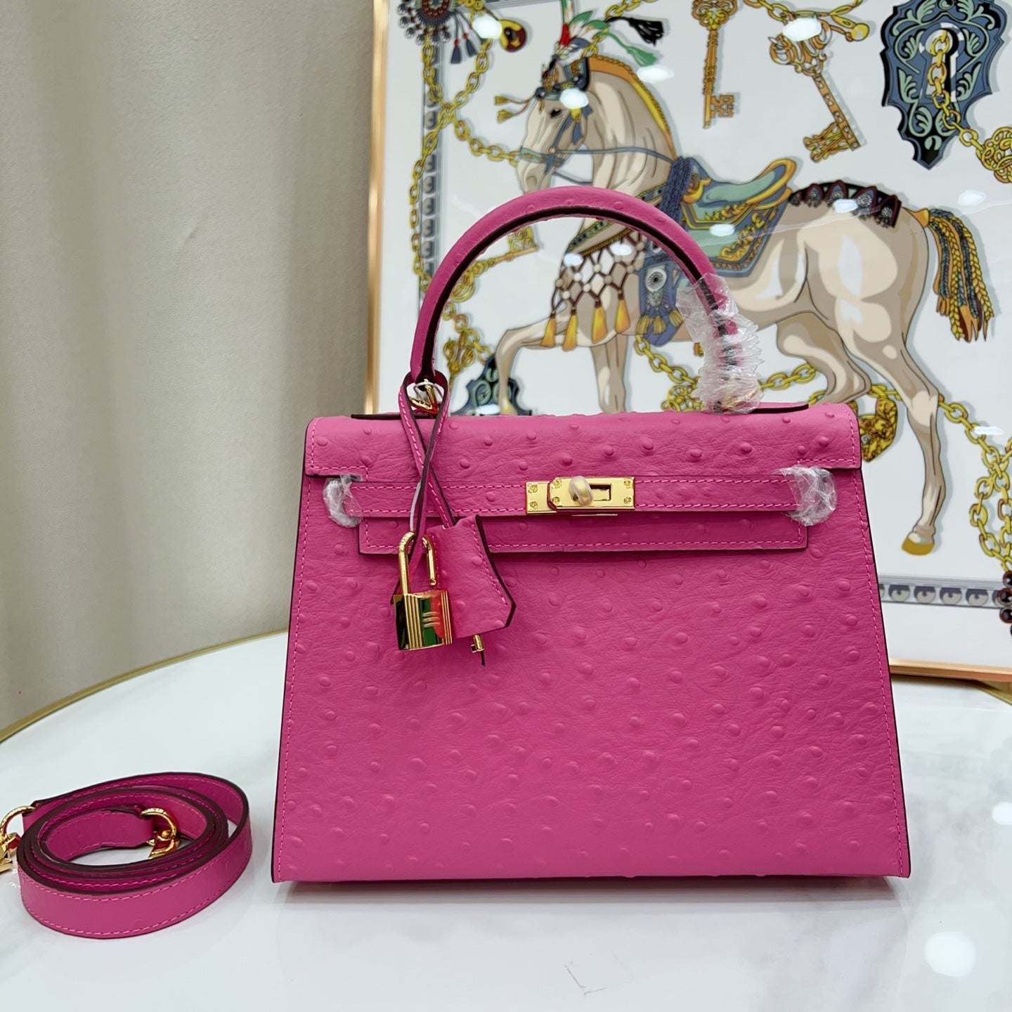 Kelly Sellier 25cm Rose Tyrien Ostrich Gold Hardware Designer Crossbody Tote
