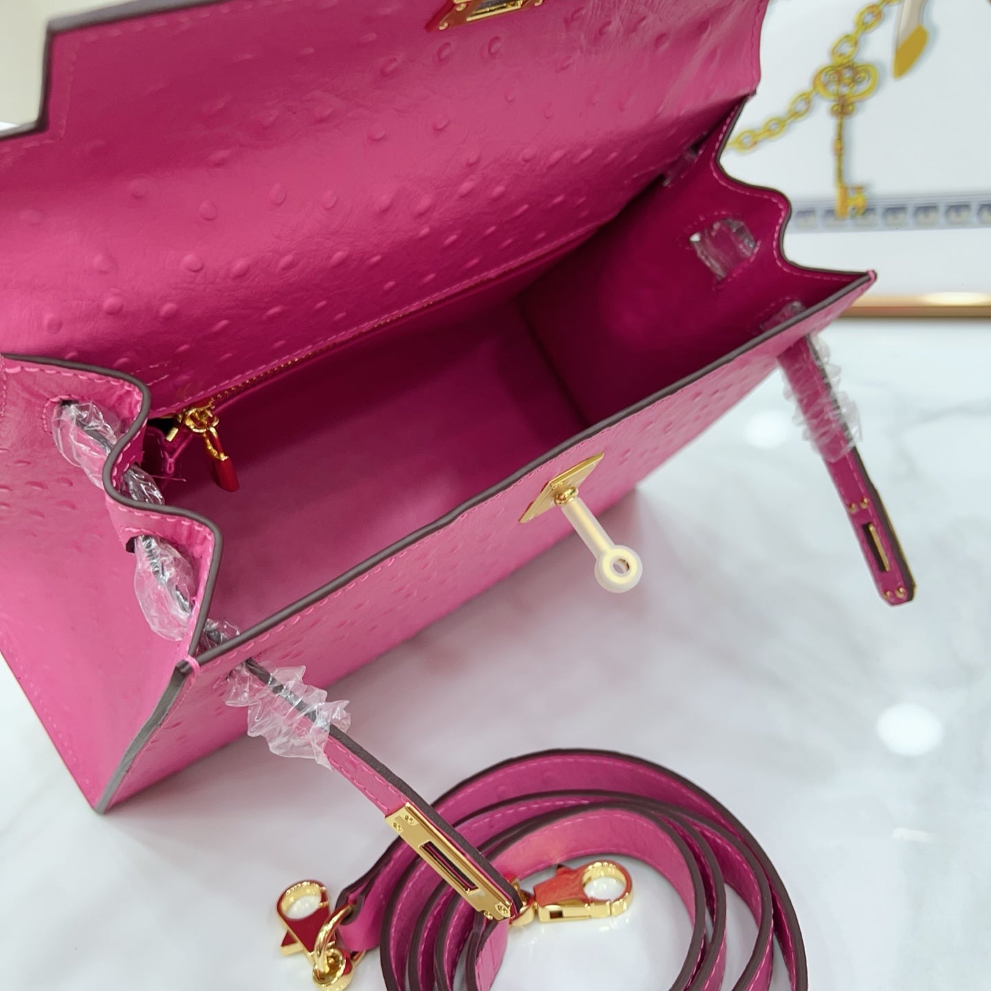 Kelly Sellier 25cm Rose Tyrien Ostrich Gold Hardware Designer Crossbody Tote