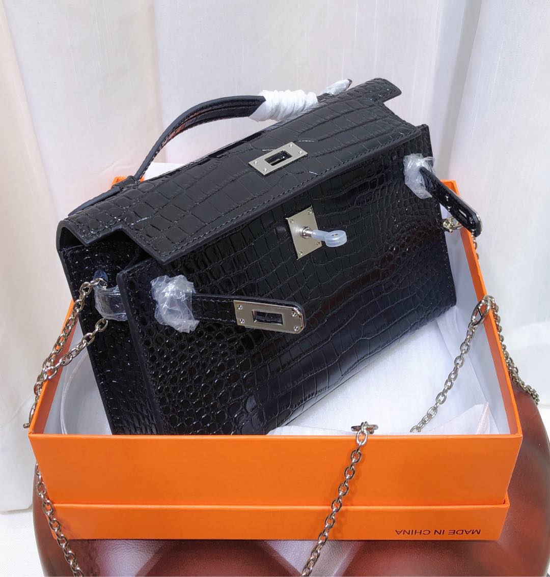 Kelly Pochette Noir Shiny Niloticus Crocodile Leather Palladium Hardware & Palladium Hardware Women Clutch Bag