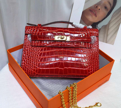 Kelly Pochette Rouge Casa Shiny Niloticus Crocodile Leather Gold Hardware Women Clutch Bag
