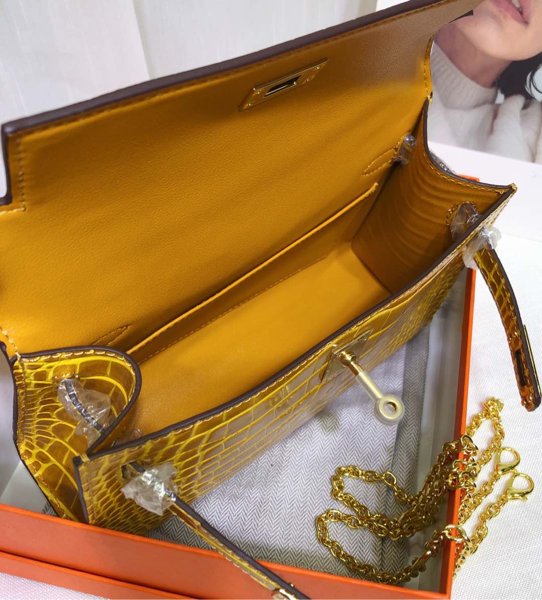 Kelly Pochette Jaune Ambre Shiny Niloticus Crocodile Leather Palladium Hardware Women Clutch Bag