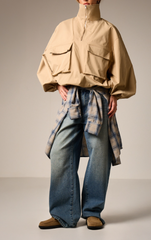 Damen-Freizeitjacke im übergroßen Utility-Stil – Balgtaschen auf der Brust, halber Reißverschluss, Stehkragen, leicht, für Frühling und Herbst