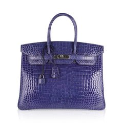 Birkin 35 Bag Blue Brighton Porosus Crocodile Palladium Hardware New