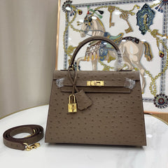 Hermès Kelly Sellier 25 Ostrich Etoupe Gold Hardware