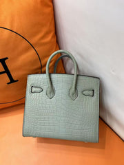 Mini Birkin 20cm Outer Stitching Tote Bag in Sage Green Crocodile Pattern