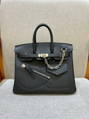Birkin 25 Rock Black Leather Multi-Pocket Handbag with Chain
