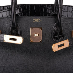 Birkin 30 Touch Bag Black Crocodile / Black Leather Rose Gold Hardware