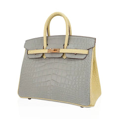 Special Order HSS Birkin 25 Bag Gris Perle & Vanille Matte Alligator with Rose Gold Hardware