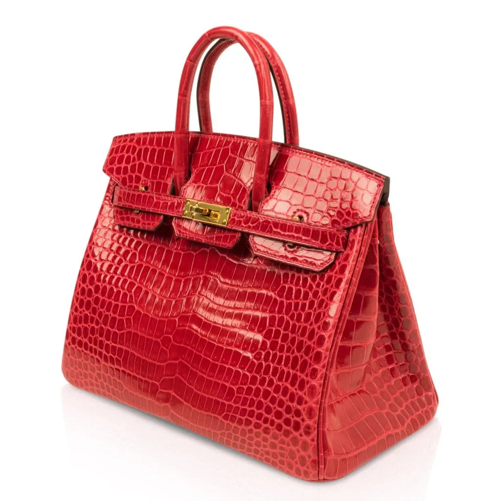 Birkin 25 Bag Red Braise Porosus Crocodile Gold Hardware Lipstick Red