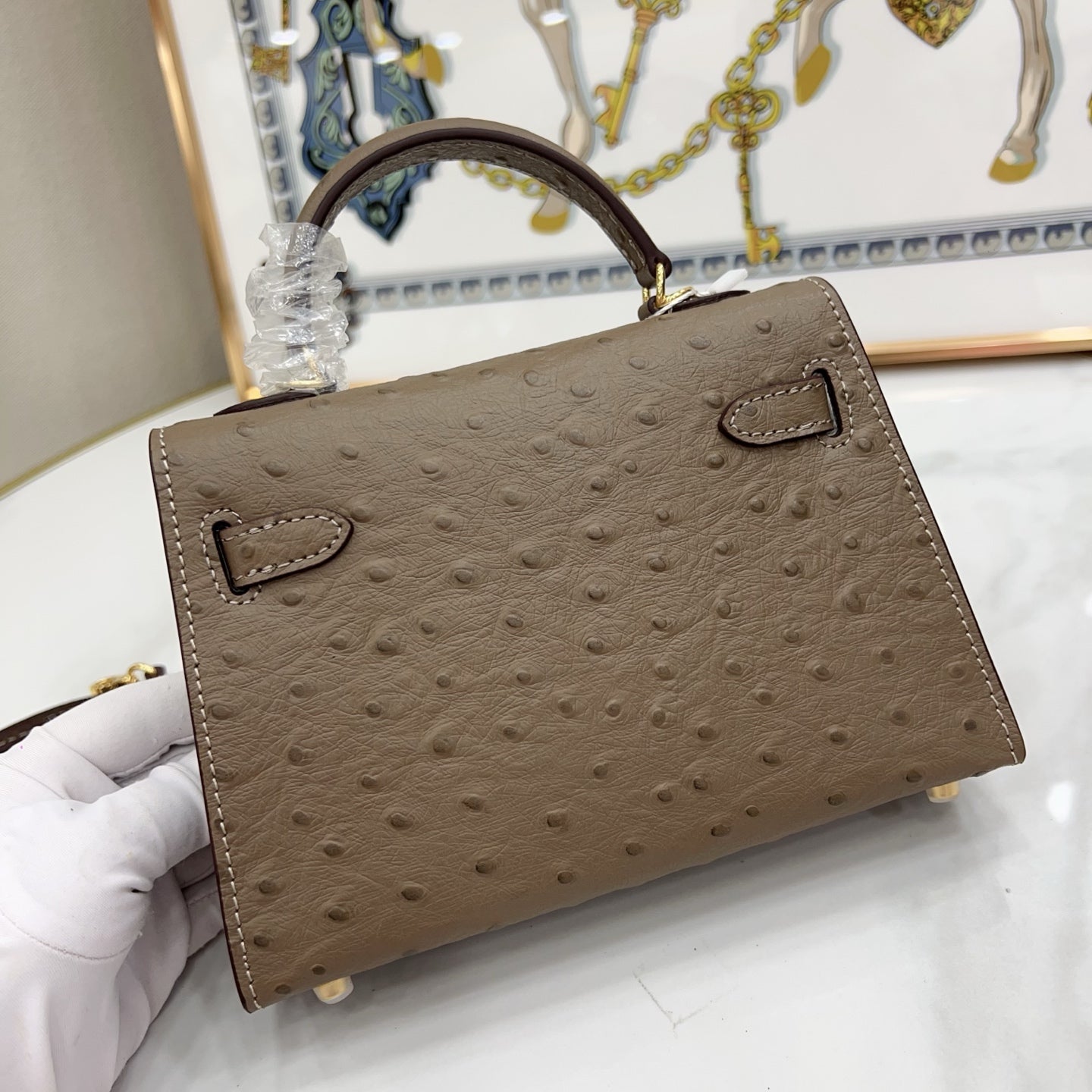 Mini Kelly II 19cm Sellier Etoupe Ostrich Gold Hardware Designer Mini Shoulder Purse