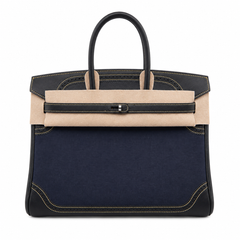 Birkin Ghillies 30 Black Leather and Navy Blue Denim Splicing Bag