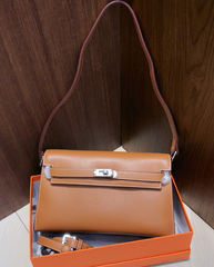 Kelly Elan 25 Underarm Baguette Bag, Genuine Top Layer Cowhide Goat Grain Leather, Silver Hardware Caramel Brown Shoulder Purse, Vintage Classic Fall Winter Must-Have Handbag Size 25×6.5×15cm