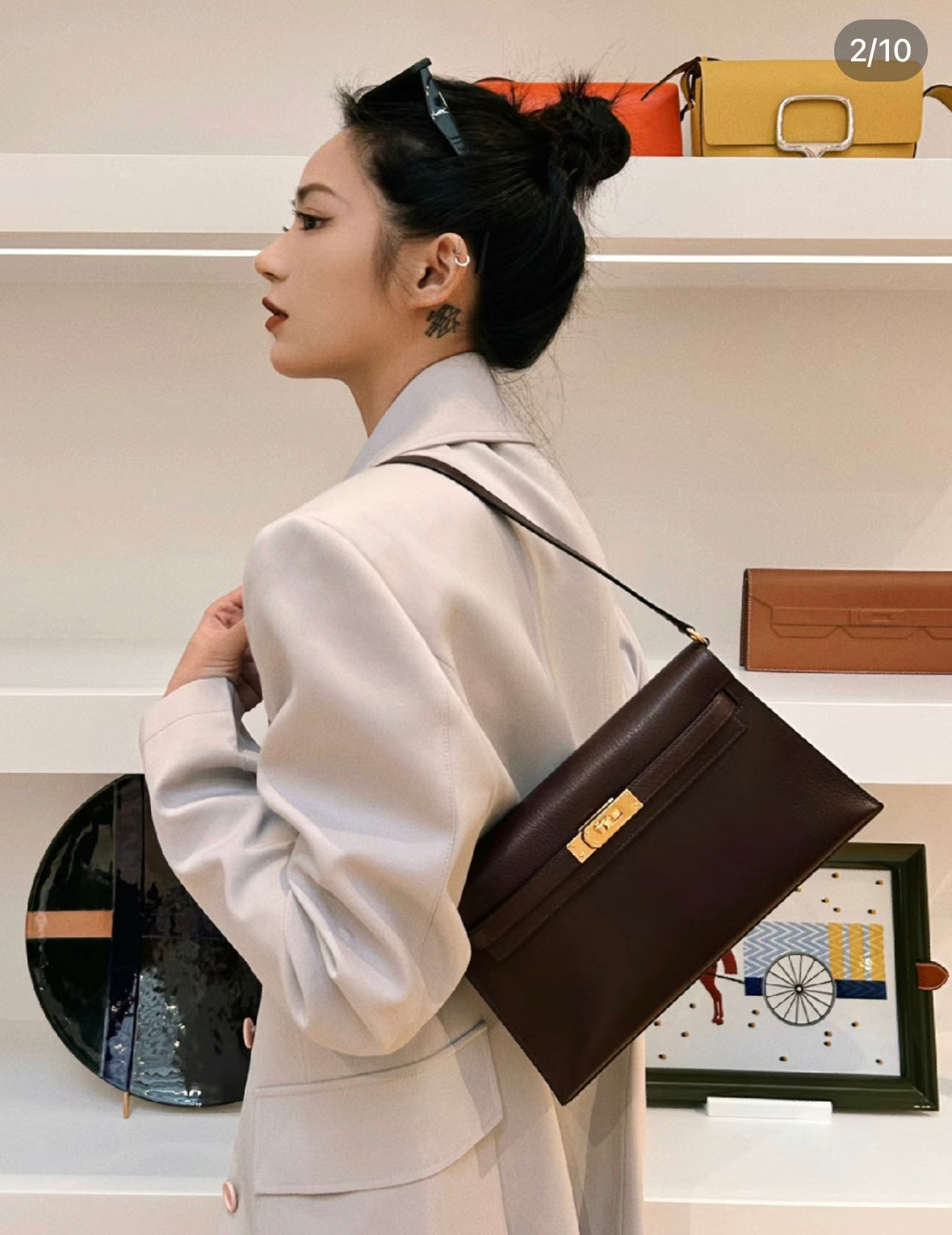 Kelly Elan 25 Underarm Baguette Bag, Genuine Top Layer Cowhide Goat Grain Leather, Gold Hardware Havane Brown Shoulder Purse, Low-key Old Money Vintage Style Daily Handbag Size 25×6.5×15cm