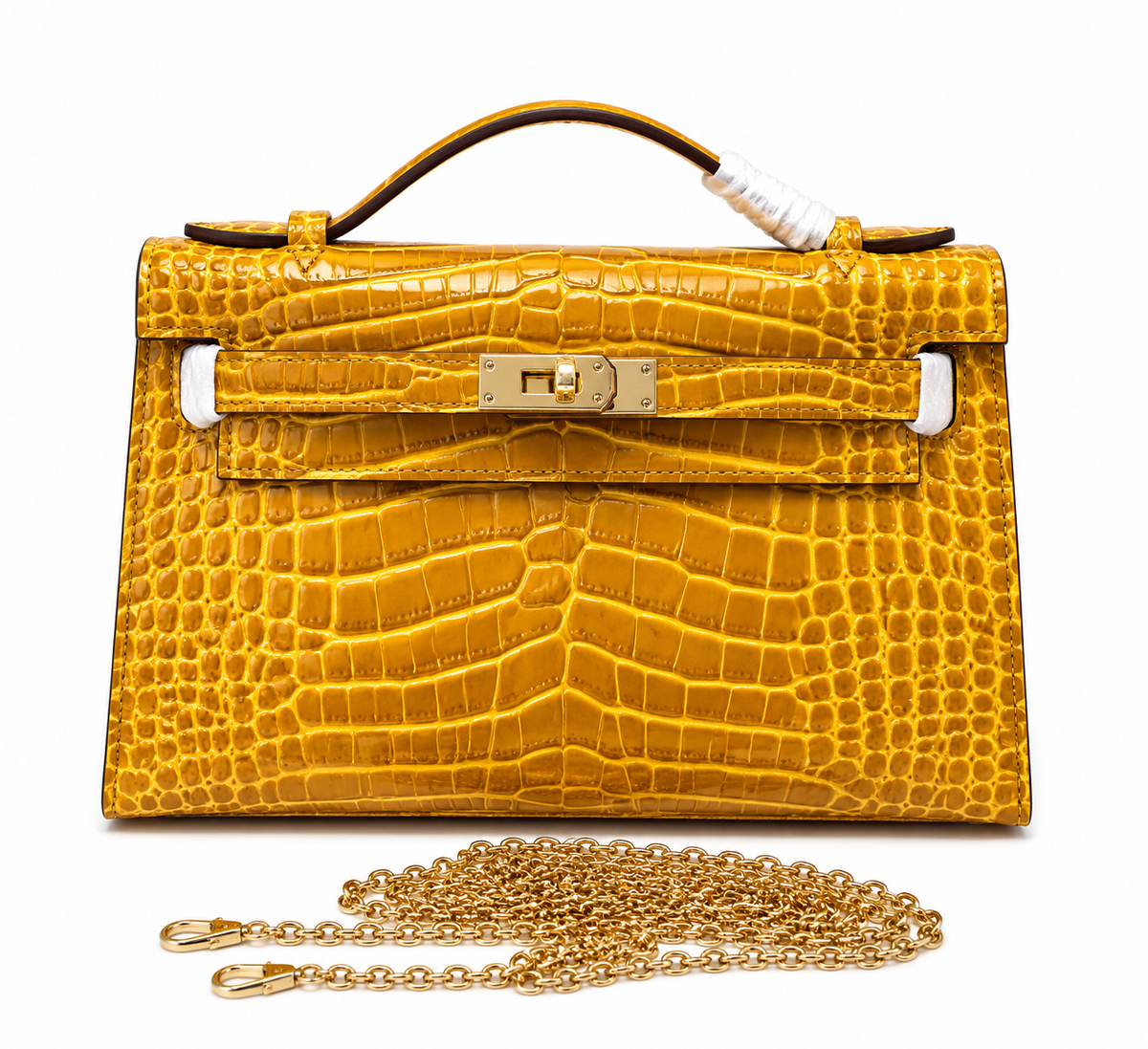 Kelly Pochette Jaune Ambre Shiny Niloticus Crocodile Leather Palladium Hardware Women Clutch Bag
